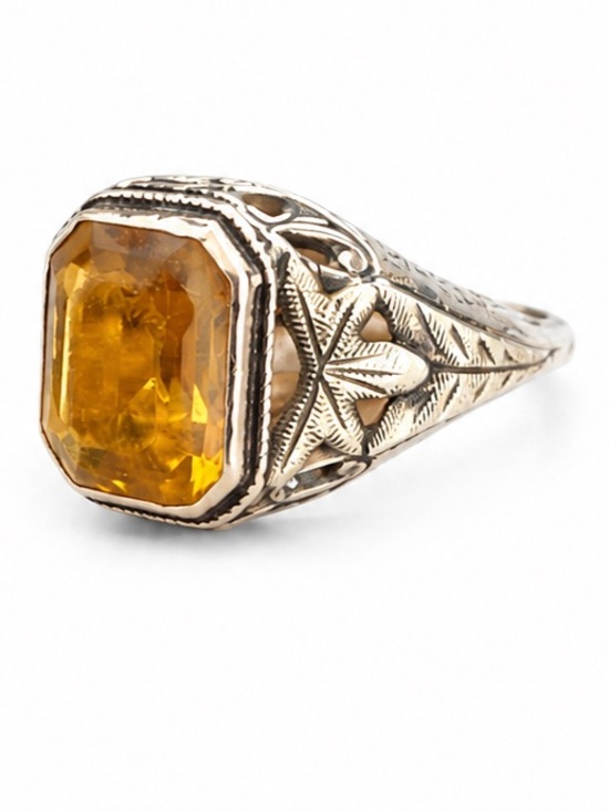 Jewelry - 10K Yellow & Green Gold Filigree Ring art deco Orange Stone Vintage Size 5